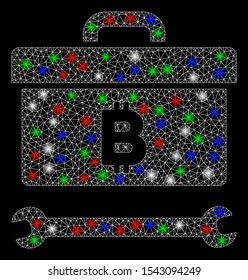 Bright mesh Bitcoin toolbox with lightspot effect. White wire frame triangular mesh in vector format on a black background. Abstract 2d mesh designed with polygonal grid, small circle,