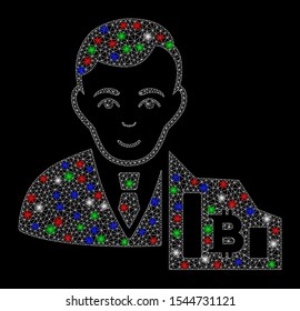 Bright mesh Bitcoin trader with glare effect. White wire frame triangular mesh in vector format on a black background. Abstract 2d mesh designed with polygonal grid, points, colorful light spots.