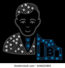 Bright mesh Bitcoin trader with lightspot effect. Abstract illuminated model of Bitcoin trader icon.