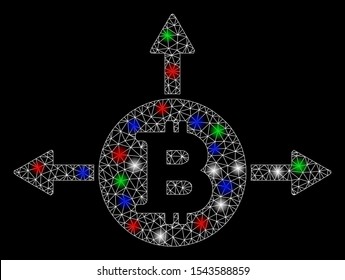 Bright mesh Bitcoin variant directions with lightspot effect. White wire carcass triangular mesh in vector format on a black background. Abstract 2d mesh designed with triangles, spheric points,