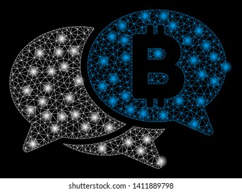 Bright mesh Bitcoin webinar with glare effect. Abstract illuminated model of Bitcoin webinar icon.