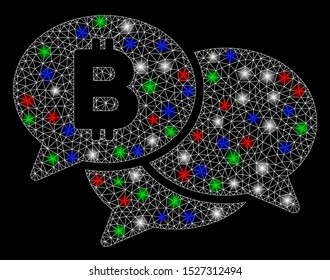 Bright mesh Bitcoin webinar messages with glare effect. White wire frame polygonal mesh in vector format on a black background. Abstract 2d mesh created from polygonal grid, dots,