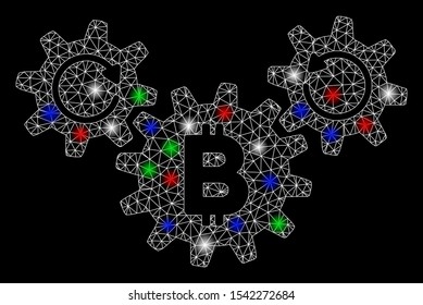 Bright mesh Bitcoin wheels rotation with glare effect. White wire carcass triangular mesh in vector format on a black background. Abstract 2d mesh built from polygonal grid, small circle,