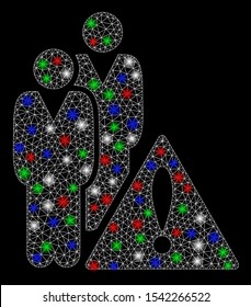 Bright mesh black list with glare effect. White wire carcass triangular mesh in vector format on a black background. Abstract 2d mesh created from triangular lines, dots, colorful light spots.
