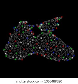 Bright mesh Black Sea map with glow effect. Wire frame triangular mesh in vector format on a black background. Abstract 2d mesh designed with polygonal grid, points, colored flare spots.
