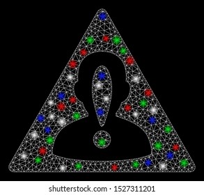 Bright mesh blacklisted person with glow effect. White wire frame triangular mesh in vector format on a black background. Abstract 2d mesh designed with triangular lines, points, colorful light spots.