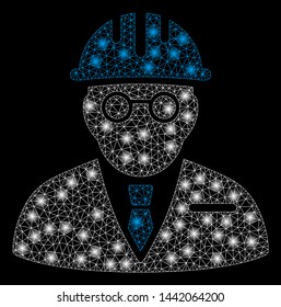 Bright mesh blind engineer with glare effect. Abstract illuminated model of blind engineer icon.