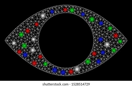 Bright mesh blind eye with glow effect. White wire carcass triangular mesh in vector format on a black background. Abstract 2d mesh designed with polygonal grid, dots, colorful flare spots.