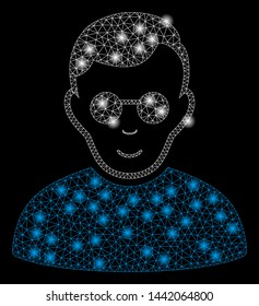 Bright mesh blind man with lightspot effect. Abstract illuminated model of blind man icon. Shiny wire frame polygonal network blind man abstraction in vector format on a black background.