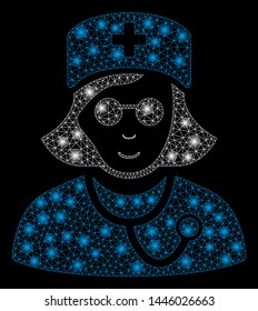 Bright mesh blind nurse with glow effect. Abstract illuminated model of blind nurse icon. Shiny wire frame triangular network blind nurse abstraction in vector format on a black background.