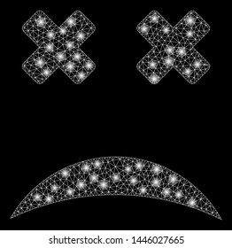 Bright mesh blind smiley with glow effect. Abstract illuminated model of blind smiley icon. Shiny wire carcass polygonal mesh blind smiley abstraction in vector format on a black background.
