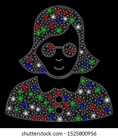 Bright mesh blind woman with glare effect. White wire carcass polygonal network in vector format on a black background. Abstract 2d mesh designed with polygonal grid, spheric points,