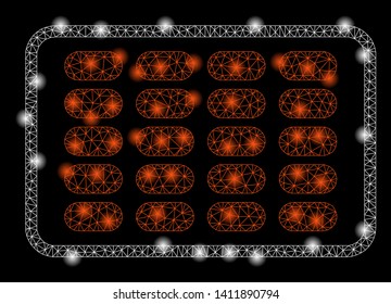 Bright mesh blister with glow effect. Abstract illuminated model of blister icon. Shiny wire frame triangular mesh blister abstraction in vector format on a black background.