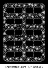 Bright mesh blister with glow effect. Abstract illuminated model of blister icon. Shiny wire carcass triangular mesh blister abstraction in vector format on a black background.