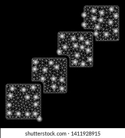 Bright mesh blockchain with lightspot effect. Abstract illuminated model of blockchain icon. Shiny wire frame polygonal mesh blockchain abstraction in vector format on a black background.