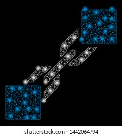 Bright mesh blockchain with lightspot effect. Abstract illuminated model of blockchain icon. Shiny wire frame triangular mesh blockchain abstraction in vector format on a black background.