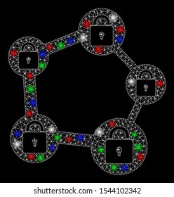 Bright mesh blockchain network with lightspot effect. White wire carcass triangular network in vector format on a black background. Abstract 2d mesh designed with triangular lines, dots,