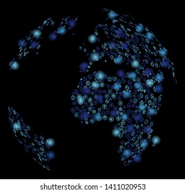 Bright mesh blue dotted abstract globe with glare effect. Abstract illuminated model of blue dotted abstract globe icon.
