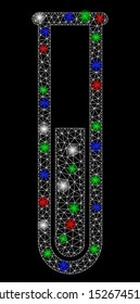 Bright mesh blue liquid test tube with lightspot effect. White wire carcass polygonal mesh in vector format on a black background. Abstract 2d mesh built from polygonal grid, small circle,