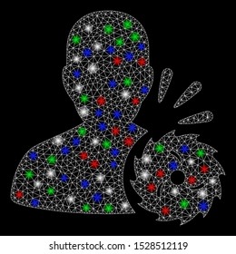 Bright mesh body execution with glare effect. White wire carcass triangular mesh in vector format on a black background. Abstract 2d mesh built from triangular lines, small circle,