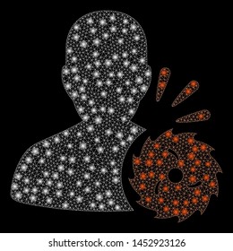 Bright mesh body execution with lightspot effect. Abstract illuminated model of body execution icon. Shiny wire frame triangular mesh body execution abstraction in vector format on a black background.