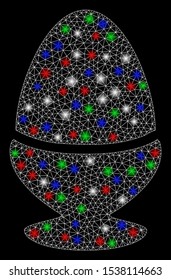 Bright mesh boiled egg with glare effect. White wire frame polygonal mesh in vector format on a black background. Abstract 2d mesh built from polygonal grid, dots, colorful glare spots.