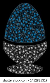 Bright mesh boiled egg with glow effect. Abstract illuminated model of boiled egg icon. Shiny wire frame polygonal mesh boiled egg abstraction in vector format on a black background.