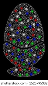 Bright mesh boiled egg with lightspot effect. White wire frame triangular mesh in vector format on a black background. Abstract 2d mesh designed with triangular lines, dots, colorful light spots.