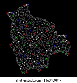 Bright mesh Bolivia map with glow effect. Wire carcass triangular mesh in vector format on a black background. Abstract 2d mesh designed with triangular lines, points, colorful flash spots.