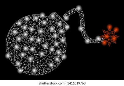 Bright mesh bomb with glow effect. Abstract illuminated model of bomb icon. Shiny wire frame triangular mesh bomb abstraction in vector format on a black background.