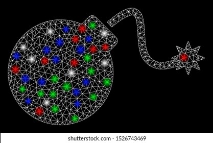 Bright mesh bomb with lightspot effect. White wire carcass triangular mesh in vector format on a black background. Abstract 2d mesh designed with triangles, spheric points, colored glare spots.