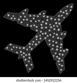 Bright mesh bomber with glare effect. Abstract illuminated model of bomber icon. Shiny wire carcass polygonal mesh bomber abstraction in vector format on a black background.