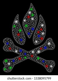 Bright mesh bones campfire with glare effect. White wire frame triangular mesh in vector format on a black background. Abstract 2d mesh created from triangular lines, spheric points,