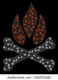 Bright mesh bones campfire with lightspot effect. Abstract illuminated model of bones campfire icon.