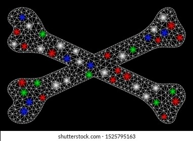 Bright mesh bones with glare effect. White wire frame polygonal mesh in vector format on a black background. Abstract 2d mesh designed with triangles, dots, colorful flash spots.