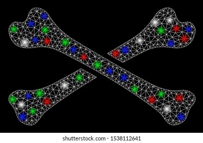 Bright mesh bones with glow effect. White wire carcass triangular mesh in vector format on a black background. Abstract 2d mesh designed with triangular lines, points, colorful flash spots.