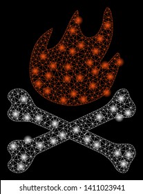 Bright mesh bones hell fire with glare effect. Abstract illuminated model of bones hell fire icon. Shiny wire carcass polygonal mesh bones hell fire abstraction in vector format on a black background.