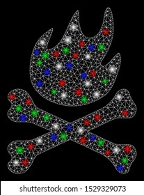 Bright mesh bones hell fire with glow effect. White wire frame polygonal mesh in vector format on a black background. Abstract 2d mesh built from polygonal grid, round dots, colorful glare spots.