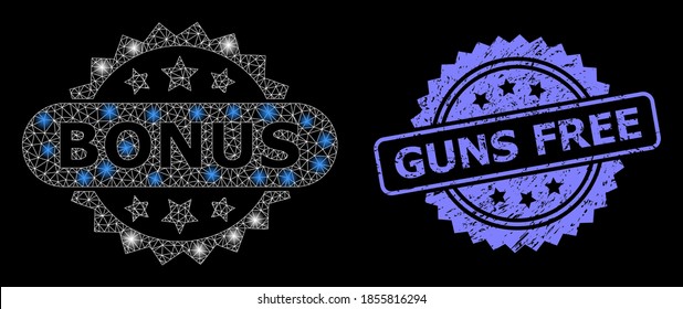 Helles Mesh-Bonus-Tag mit leuchtenden Flecken und Guns Free Grunge Band Robben Imitation. Die blaue Stempelrobbe hat ein "Guns Free"-Tag in Rosette. Illuminiertes Vektormodell auf der Grundlage von Bonus-Tag-Symbol.