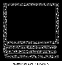 Bright mesh book with glare effect. Abstract illuminated model of book icon. Shiny wire frame triangular network book abstraction in vector format on a black background.
