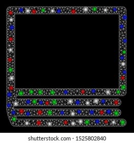 Bright mesh book with glare effect. White wire carcass polygonal mesh in vector format on a black background. Abstract 2d mesh built from polygonal grid, points, colorful glare spots.