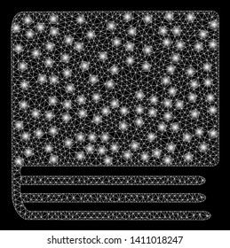 Bright mesh book with glow effect. Abstract illuminated model of book icon. Shiny wire carcass polygonal mesh book abstraction in vector format on a black background.