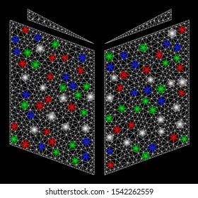 Bright mesh book with glow effect. White wire carcass triangular mesh in vector format on a black background. Abstract 2d mesh designed with polygonal grid, dots, colorful flare spots.
