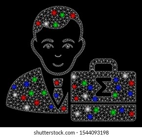 Bright mesh bookkeeper with glare effect. White wire frame triangular network in vector format on a black background. Abstract 2d mesh designed with triangular lines, dots, colored flash spots.