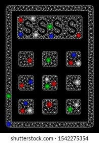 Bright mesh book-keeping calculator with glare effect. White wire frame polygonal mesh in vector format on a black background. Abstract 2d mesh designed with polygonal grid, round dots,