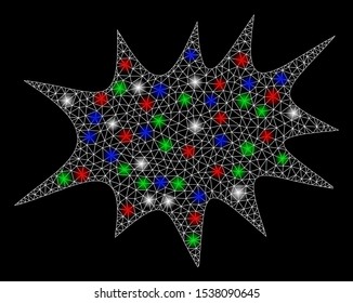 Bright mesh boom bang with glare effect. White wire carcass triangular mesh in vector format on a black background. Abstract 2d mesh designed with triangles, dots, colorful glare spots.