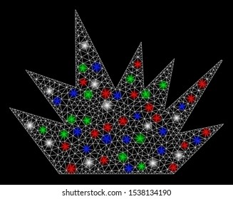 Bright mesh boom explosion with glow effect. White wire frame polygonal mesh in vector format on a black background. Abstract 2d mesh designed with triangular lines, points, colorful flare spots.