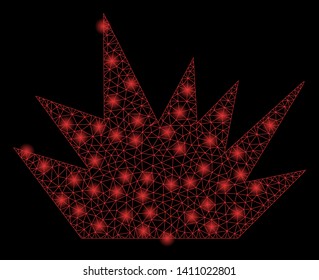 Bright mesh boom explosion with lightspot effect. Abstract illuminated model of boom explosion icon. Shiny wire frame triangular mesh boom explosion abstraction in vector format on a black background.