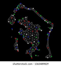 Bright mesh Bora-Bora map with glow effect. Wire frame triangular mesh in vector format on a black background. Abstract 2d mesh designed with triangles, dots, colored light spots.