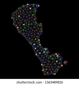 Bright mesh Boracay Island map with glow effect. Wire frame polygonal mesh in vector format on a black background. Abstract 2d mesh created from polygonal grid, points, colorful glare spots.